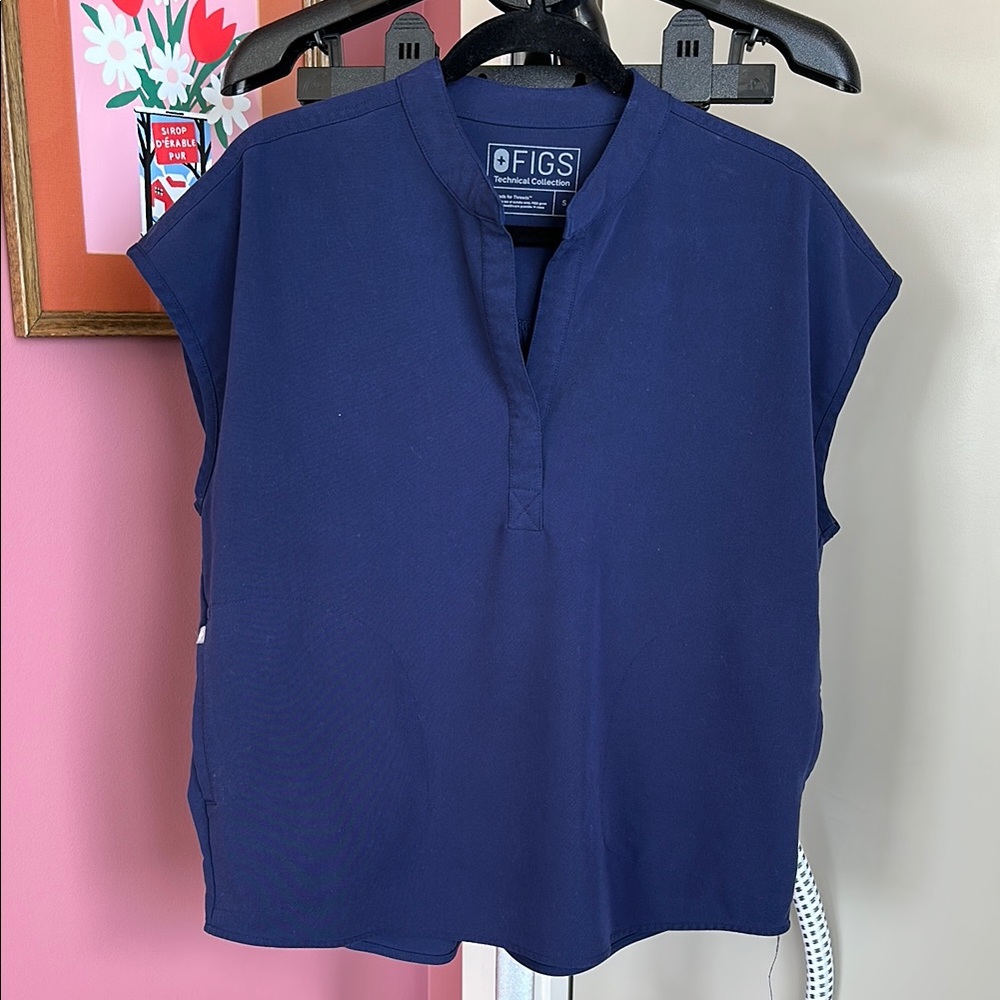 Figs Blue Boxy Blouse with Mandarin Collar